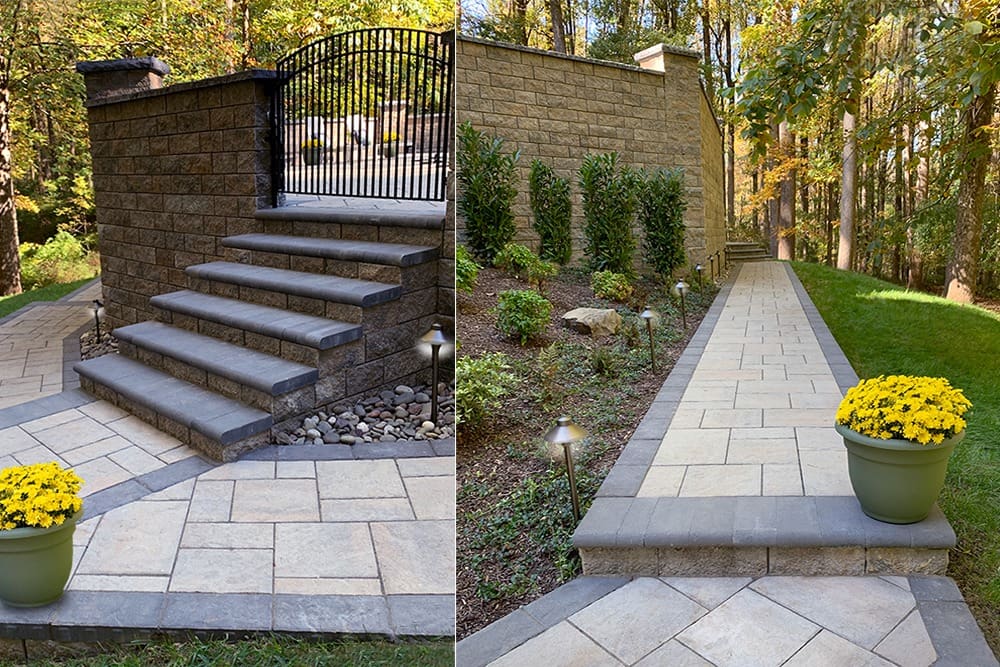 A side-by-side view shows a landscaped backyard. The left image displays a stone staircase with a wrought iron gate atop a retaining wall. The right image shows a stone pathway bordered by greenery, leading to another section, with a pot of yellow flowers at the corner.